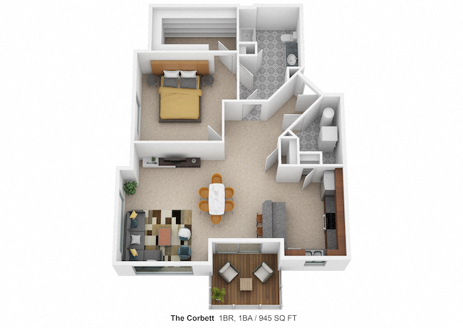 Floor plan for 1 bed, 1 bath, 945 sqft